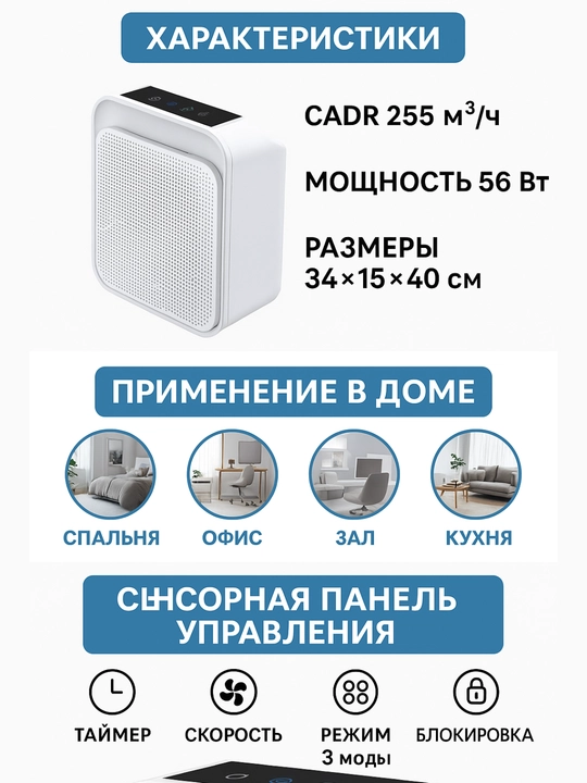 Havo tozalagich, namlantiruvchi, uvlajnitel, bolalar himoyasi, maydoni 50 m²
