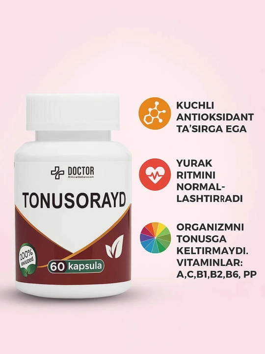 Tonusorayd vitaminlar: A, C, B1, B2, B6, PP, minerallar: kaliy, kalsiy, temir - 