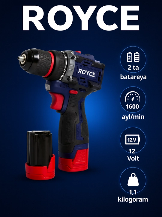 Akkumulyatorli shurup-buragich drel ROYCE — 12V Lithium, 1550 ayl/min, 2 ta batareya - 