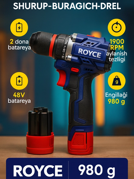 Akkumulyatorli shurup-buragich drel ROYCE — 12V Lithium, 1550 ayl/min, 2 ta batareya
