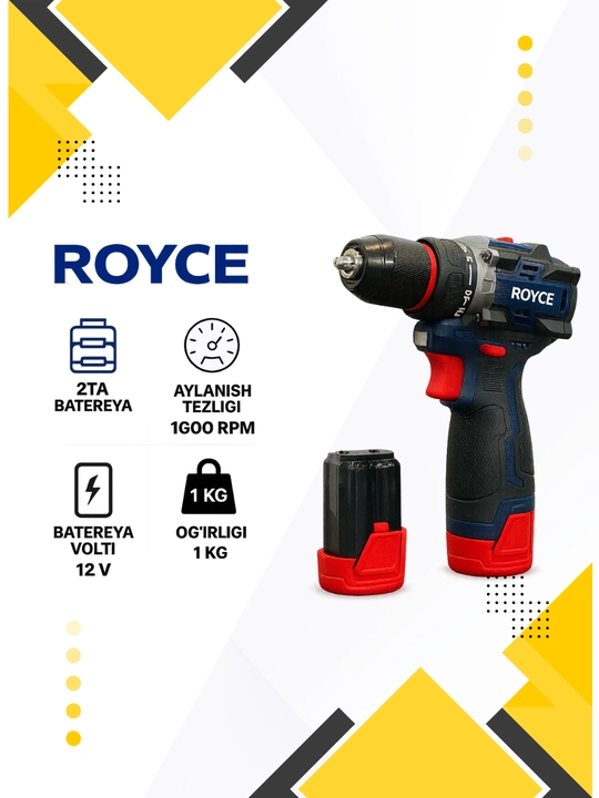 Akkumulyatorli shurup-buragich drel ROYCE — 12V Lithium, 1550 ayl/min, 2 ta batareya
