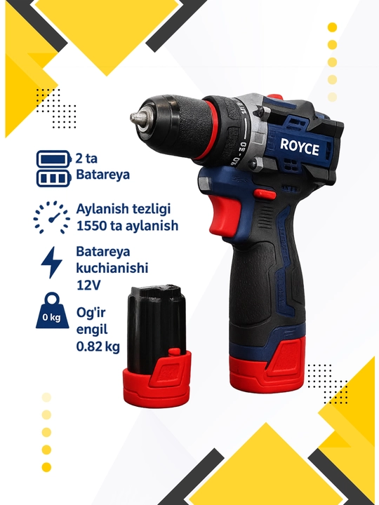 Akkumulyatorli shurup-buragich drel ROYCE — 12V Lithium, 1550 ayl/min, 2 ta batareya