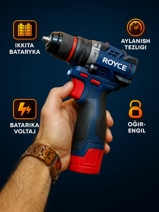 Akkumulyatorli shurup-buragich drel ROYCE — 12V Lithium, 1550 ayl/min, 2 ta batareya