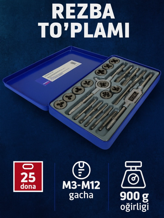 Rezba kesish to‘plami 25 dona — M3–M12 rezba olchamli metch va klupp to‘plami
