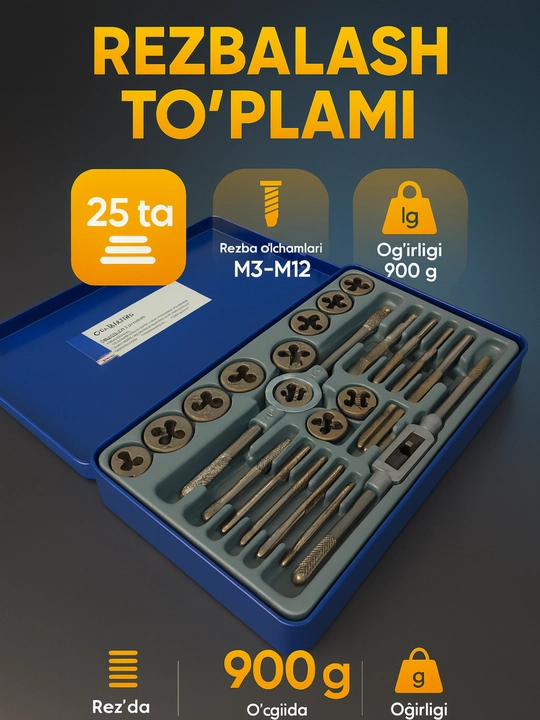 Rezba kesish to‘plami 25 dona — M3–M12 rezba olchamli metch va klupp to‘plami
