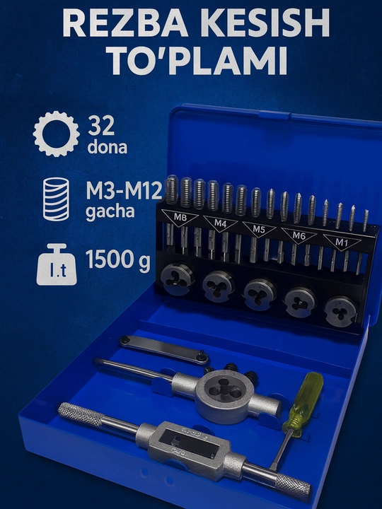 Rezba kesish to‘plami 32 dona — M3–M12 metch va klupp jamlanmasi