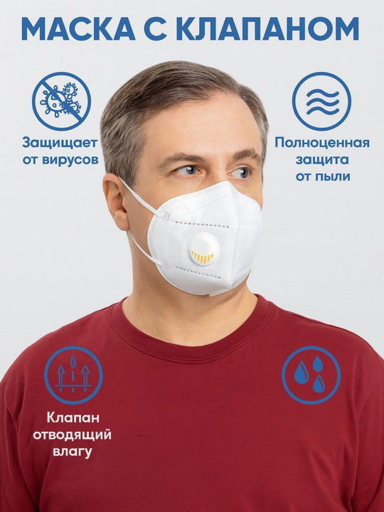 Маска-респиратор, многоразовая, с клапаном, KN95, защита от вирусов, 5 штук - 