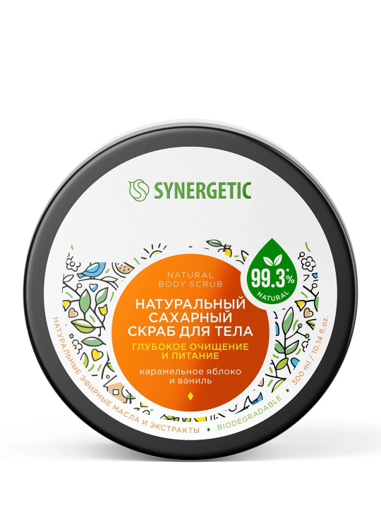 Сахарный скраб для тела SYNERGETIC глубокое очищение и питание "Карамельное яблоко и ваниль", 300 мл