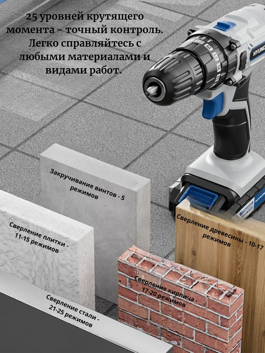 Akkumulyatorlik shurup buragich, 1 ta akkumulyator 12V/21V to'plam 27/55 talik HYUNDAI