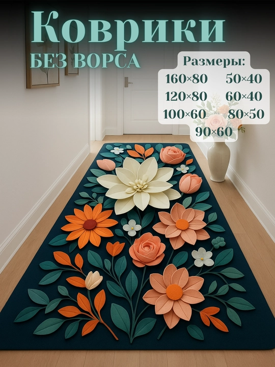 Ковры для кухни, коридора, балкона, ванной, прачечной с 3D-цветочным рисунком нескользящие - 