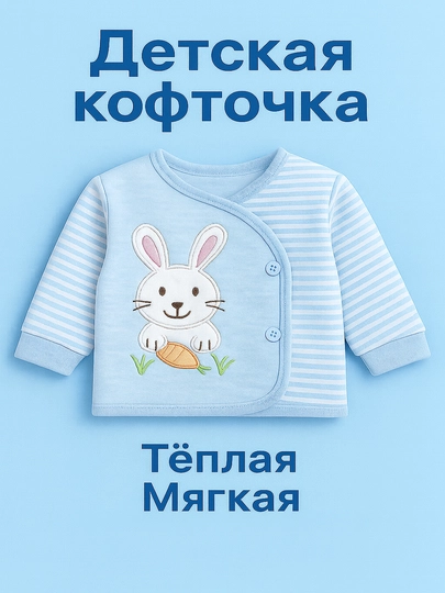 Кофточка детская 0-12 месяцев, хлопок 100%, застёжка на кнопках, полосатые рукава