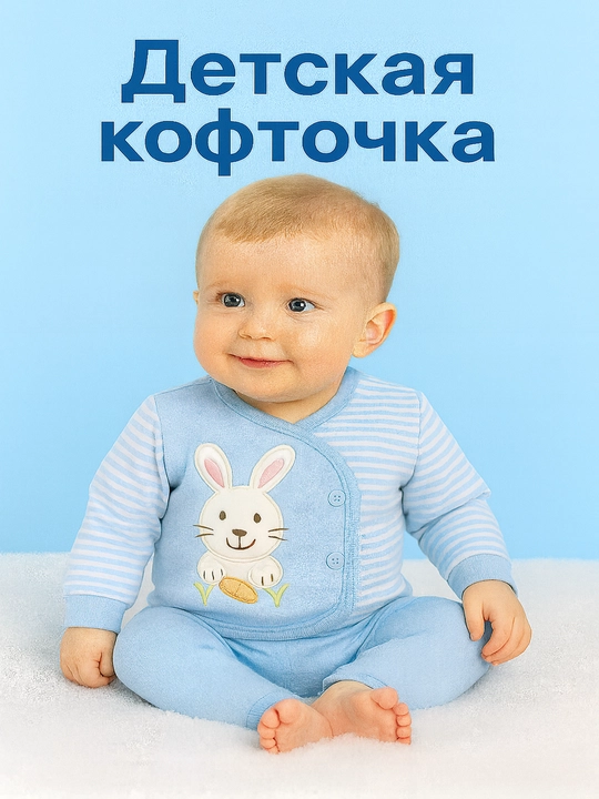 Кофточка детская 0-12 месяцев, хлопок 100%, застёжка на кнопках, полосатые рукава