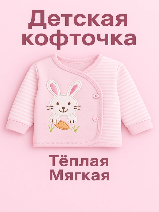 Кофточка детская 0-12 месяцев, хлопок 100%, застёжка на кнопках, полосатые рукава