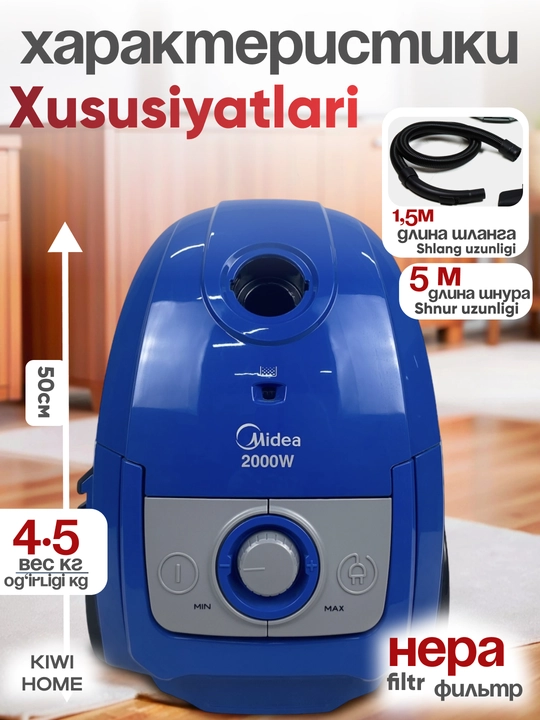 Midea changyutgichi – 1800-2000 Vt quvvat, 360 Vt so‘rish kuchi, HEPA filtri, uy uchun