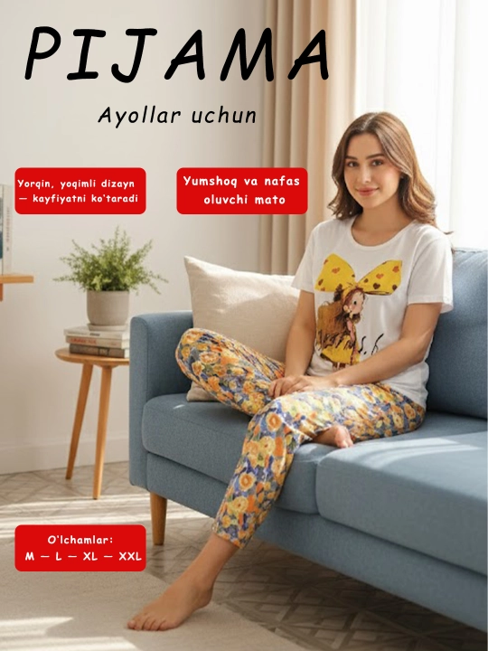 Ayollar va qizlar uchun pijama to‘plami, ko‘ylak va shim, kichik o‘lchamli - 