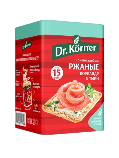 Хлебцы Dr.Körner тонкие, натуральные, без сахара и с высоким содержанием клетчатки, 100 г — TOUCHOM-DRCORNERXLEB-КРАСН