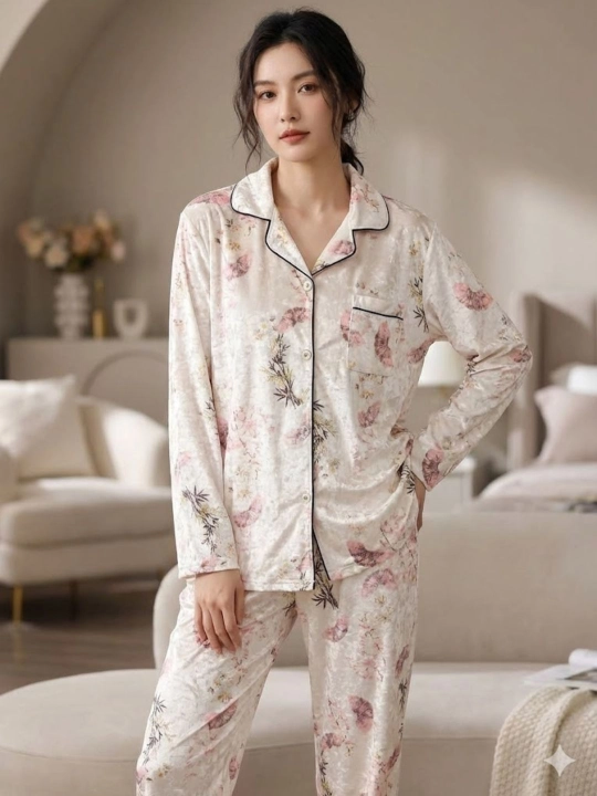 Ayollar uchun pijama, velyur mato, 4 talik uy kiyimlar to‘plami