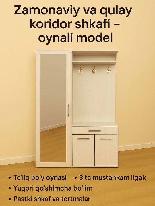Zamonaviy va qulay koridor shkafi – oynali model - 
