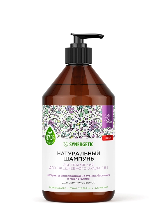 Sulfatsiz shampun SYNERGETIC Kundalik parvarishlash uchun qo'shimcha yumshoq 2 1da, 750 ml