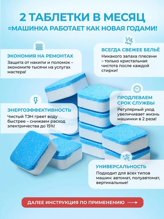 Таблетки для очистки барабана стиральной машины 12 шт – средство от накипи и запаха
