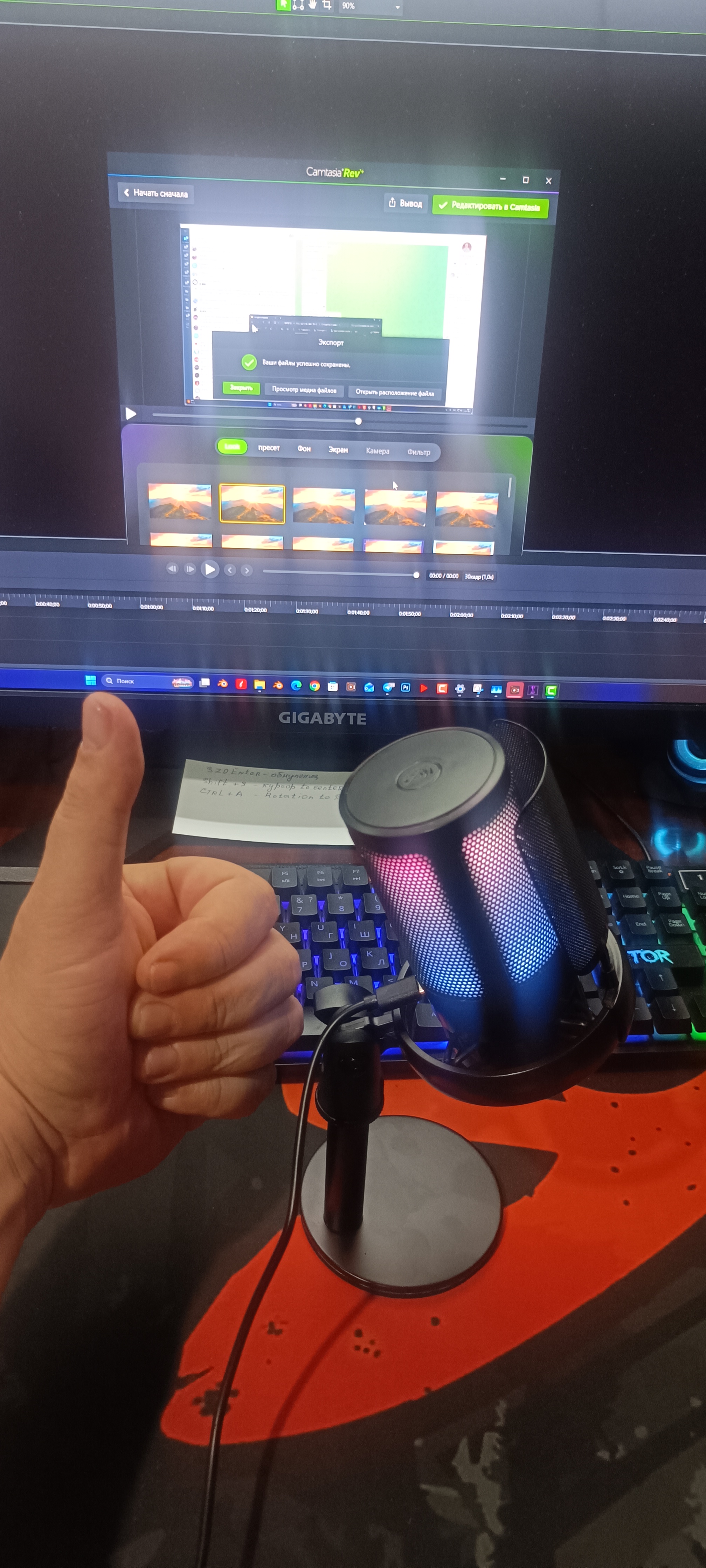 O'yin uchun kondensatorli RGB mikrofon ME6S, pop-filtr va stend bilan