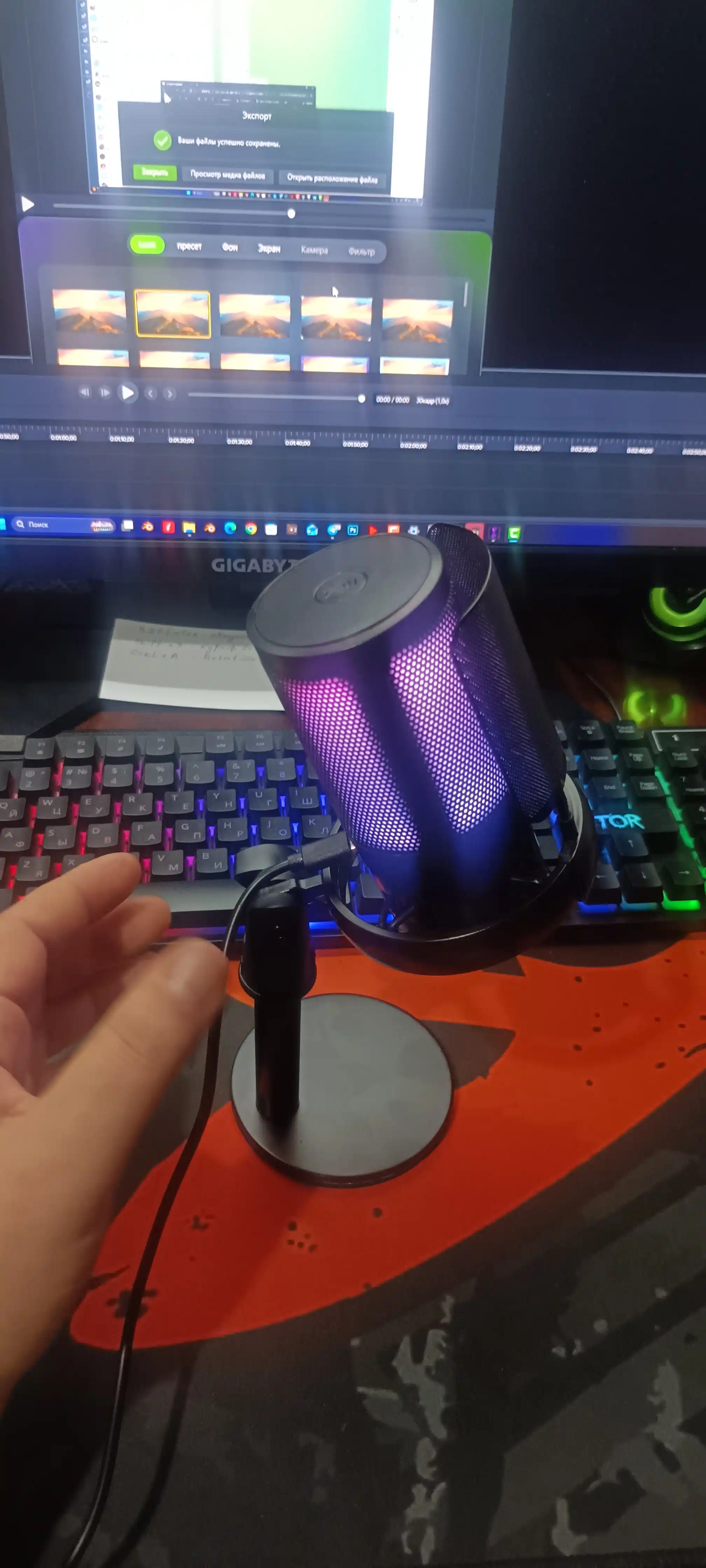 O'yin uchun kondensatorli RGB mikrofon ME6S, pop-filtr va stend bilan