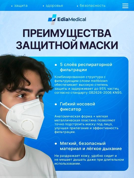 Защитная маска LaLaku KN95, Edia Medical, ECOS, с респиратором – 2 шт