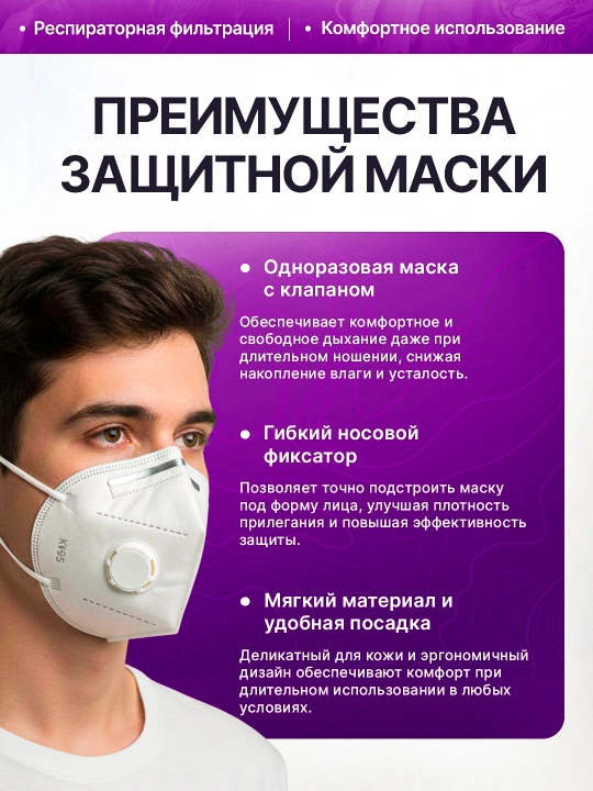Защитная маска LaLaku KN95, Edia Medical, ECOS, с респиратором – 2 шт