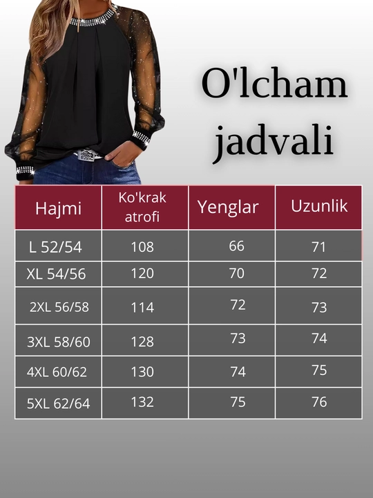 Uzun yengli bluzka, katta o'lchamli L-5XL