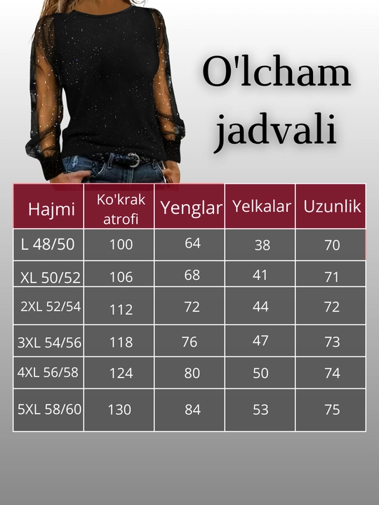 Uzun yengli bluzka, katta o'lchamli L-5XL