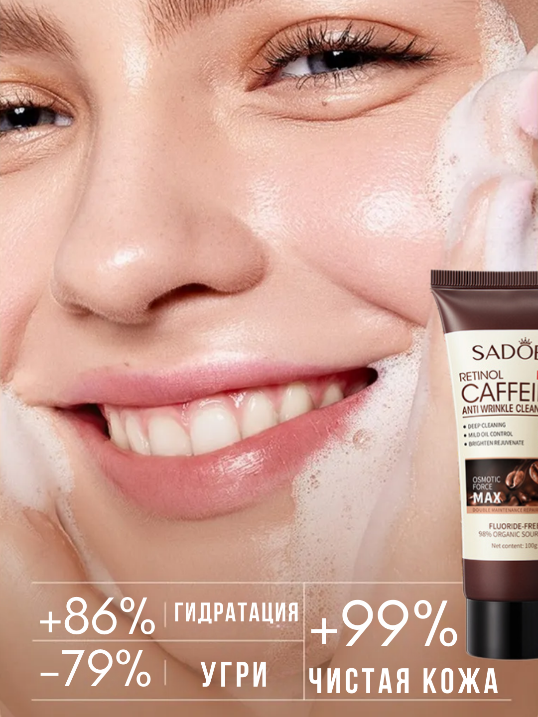 Пенка для умывания и очищения лица, SADOER Retinol Caffeine, 100 мл