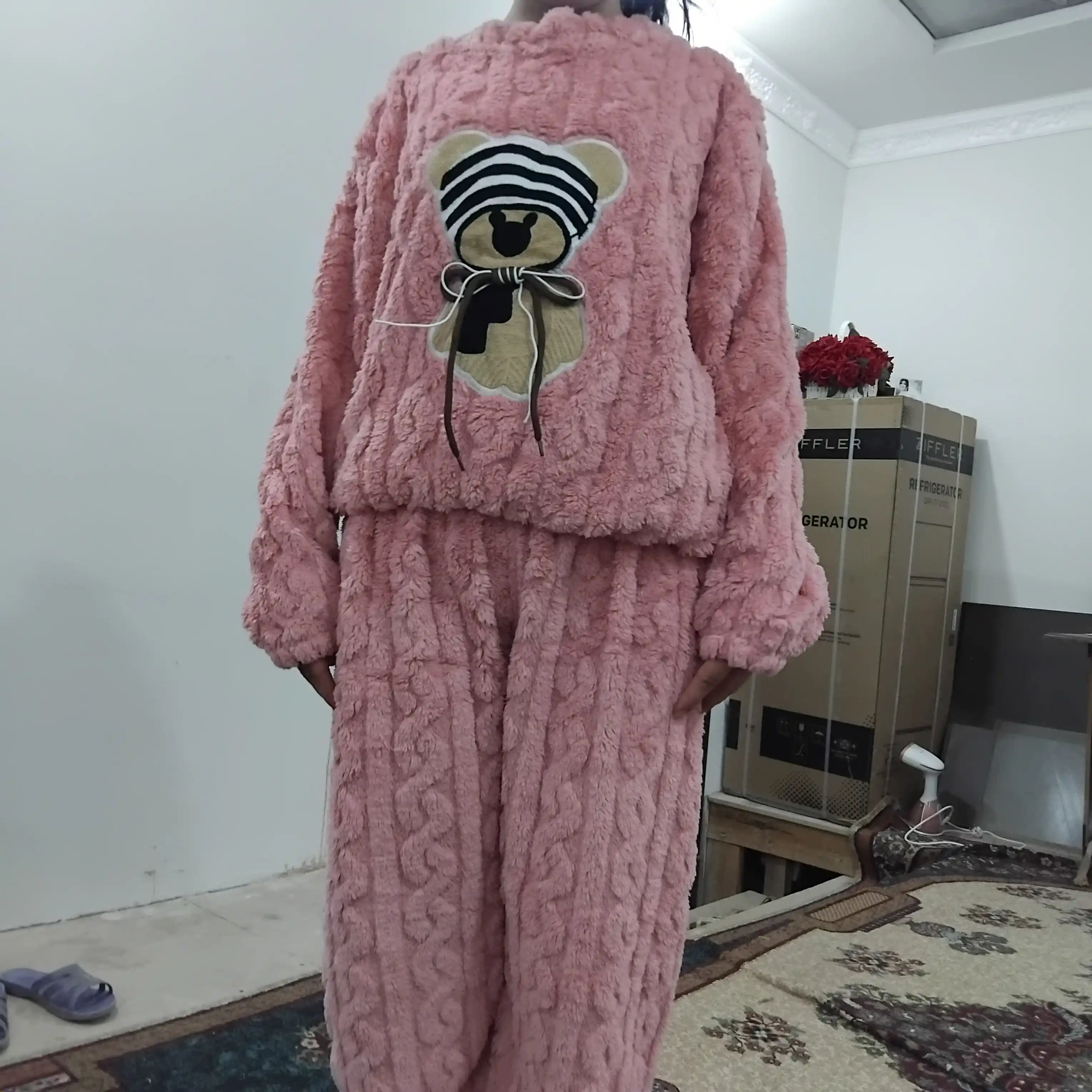 Ayollar uchun issiq plyush pijama, ayiqli uy kiyimi, qishki flisli to‘plam