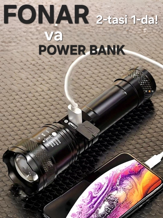 2025 fonar power bankli, zum, displeyli, 3 rejimli, yorqin, LED chiroq ov va sayohat uchun
