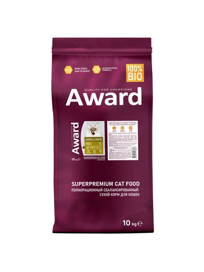 Сухой корм для кошек Award "Hairball & Indoor" с уткой, индейкой и чечевицей 10кг