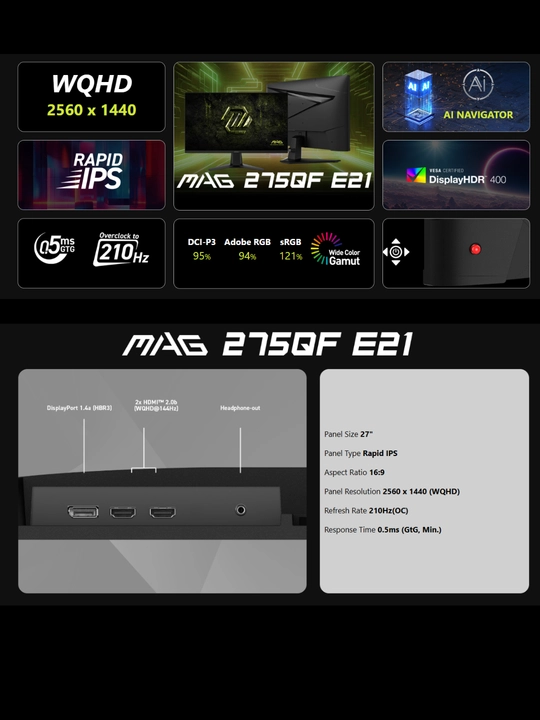 O`yin monitor MSI MAG, 34" 27" WQHD, 2K, 320 Hz, 300 Hz, 210 Hz, IPS, 1 yil kafolat