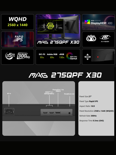 O`yin monitor MSI MAG, 34" 27" WQHD, 2K, 320 Hz, 300 Hz, 210 Hz, IPS, 1 yil kafolat