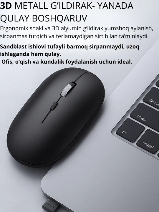 Simsiz kompyuter sichqonchasi — ultra yassi, tinch, USB/Type-C Quvvatlash