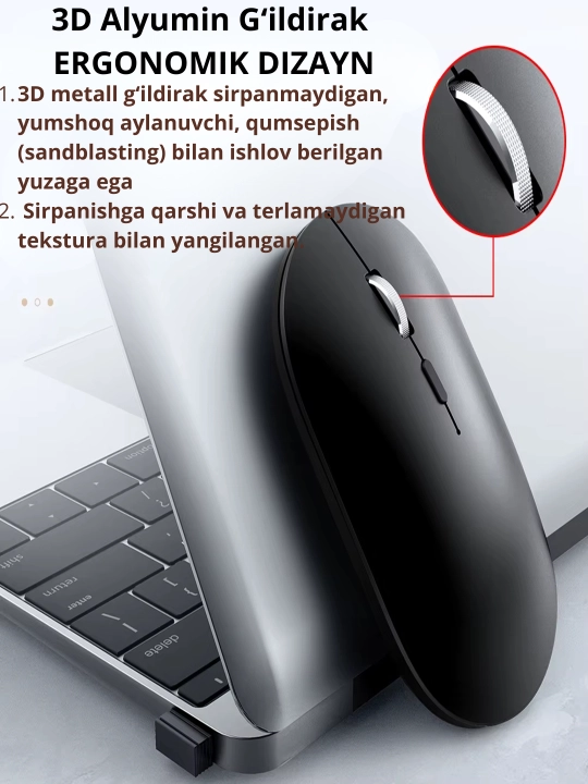 Simsiz kompyuter sichqonchasi — ultra yassi, tinch, USB/Type-C Quvvatlash