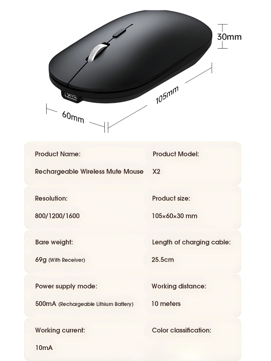 Simsiz kompyuter sichqonchasi — ultra yassi, tinch, USB/Type-C Quvvatlash