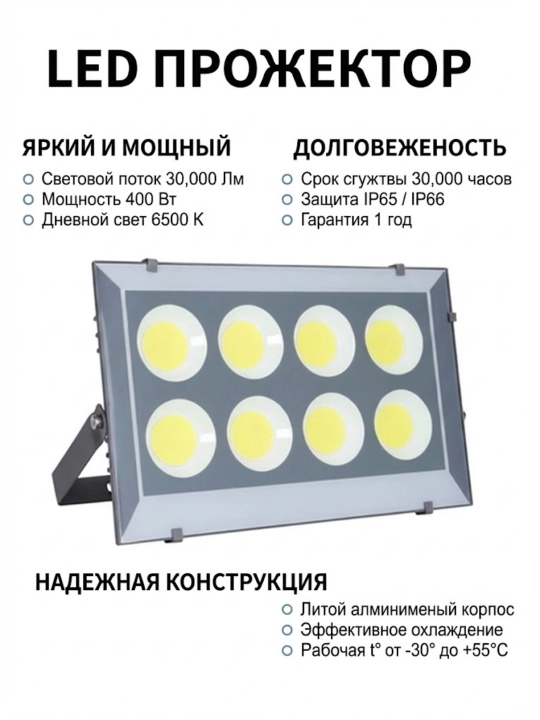 LED прожектор 50–400 Вт, прочная модель с защитой IP65 для уличного освещения 