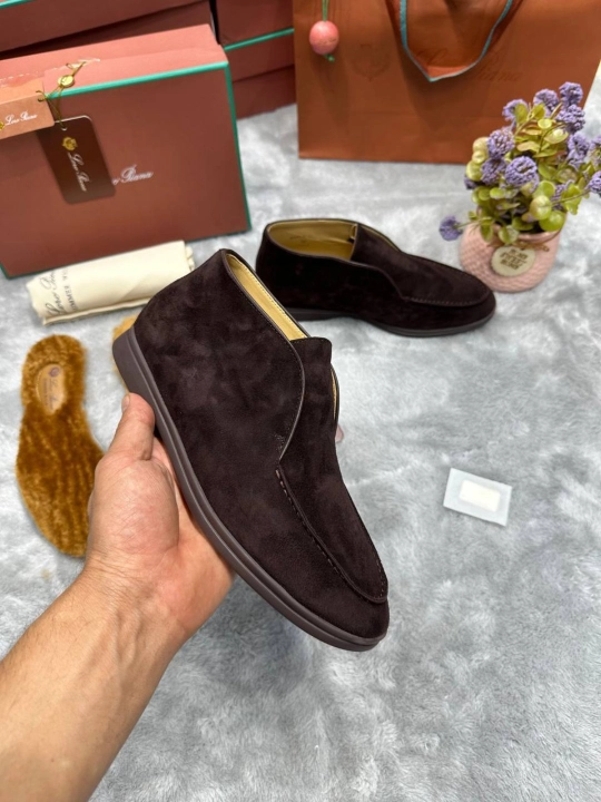 Мужские замшевые туфли Loro Piana — синие, с натуральной меховой стелькой - 