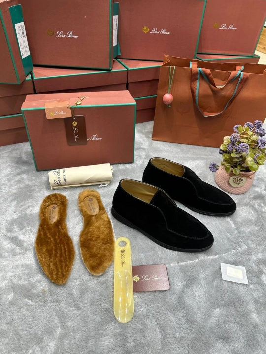 Мужские замшевые туфли Loro Piana — синие, с натуральной меховой стелькой - 