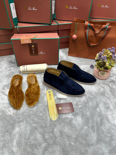 Мужские замшевые туфли Loro Piana — синие, с натуральной меховой стелькой - 