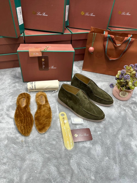 Мужские замшевые туфли Loro Piana — синие, с натуральной меховой стелькой - 