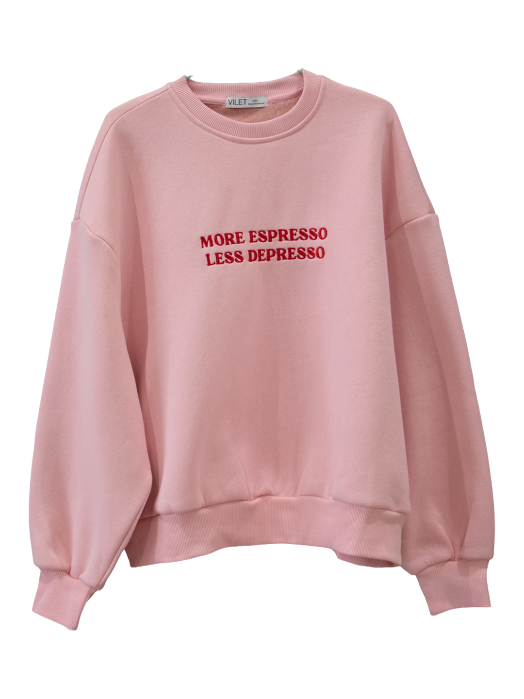 "More Espresso Less Depresso" kashta tikilgan pushti Amirtex svitshoti - uniseks, paxta - 