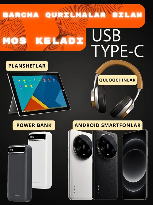Quvvatlagich, Type-C kabelli, tezkor zaryadlovchi 120 W,