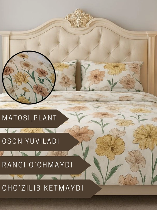 Plant yotoq choyshablari,  200×220 sm o‘lchamdagi, yostiq jildlari va ko‘rpa jildli - 