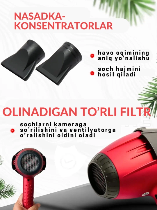 Professional soch quritgich PH 8080, nasadkalar bilan, soch turmaklash uchun