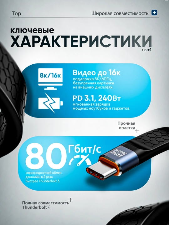 Кабель USB4 Type-C 240W, USB-C–USB-C 40Gbps, Thunderbolt 4, 8K, быстрая зарядка