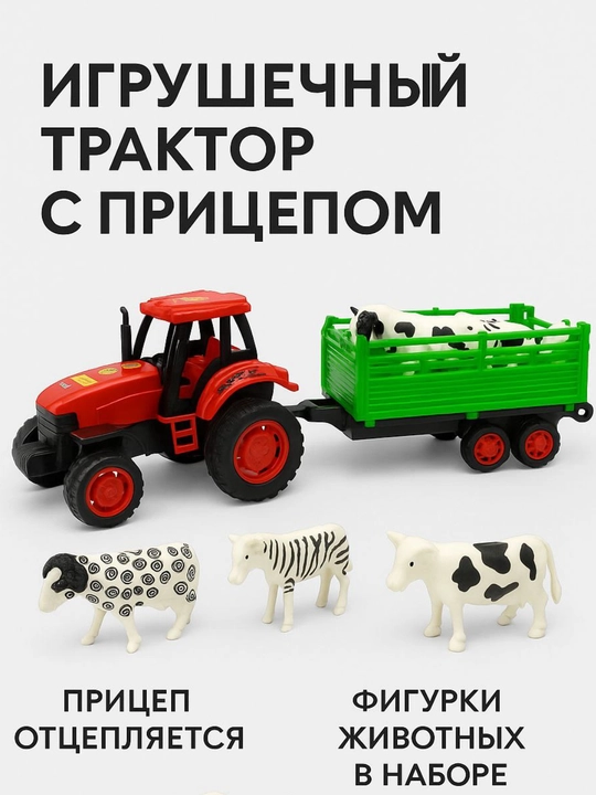 Игрушечный трактор с прицепом и домашними животными 